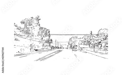 Building view with landmark of Roswell is the
city in New Mexico. Hand drawn sketch illustration in vector.