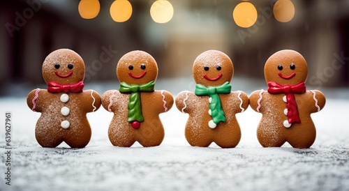 Sweet little gingerbread men ready to celebration Christmas. Cookies men decorated with colored icing for festive, xmas, seasonal bakery. Delicious cookies. photo