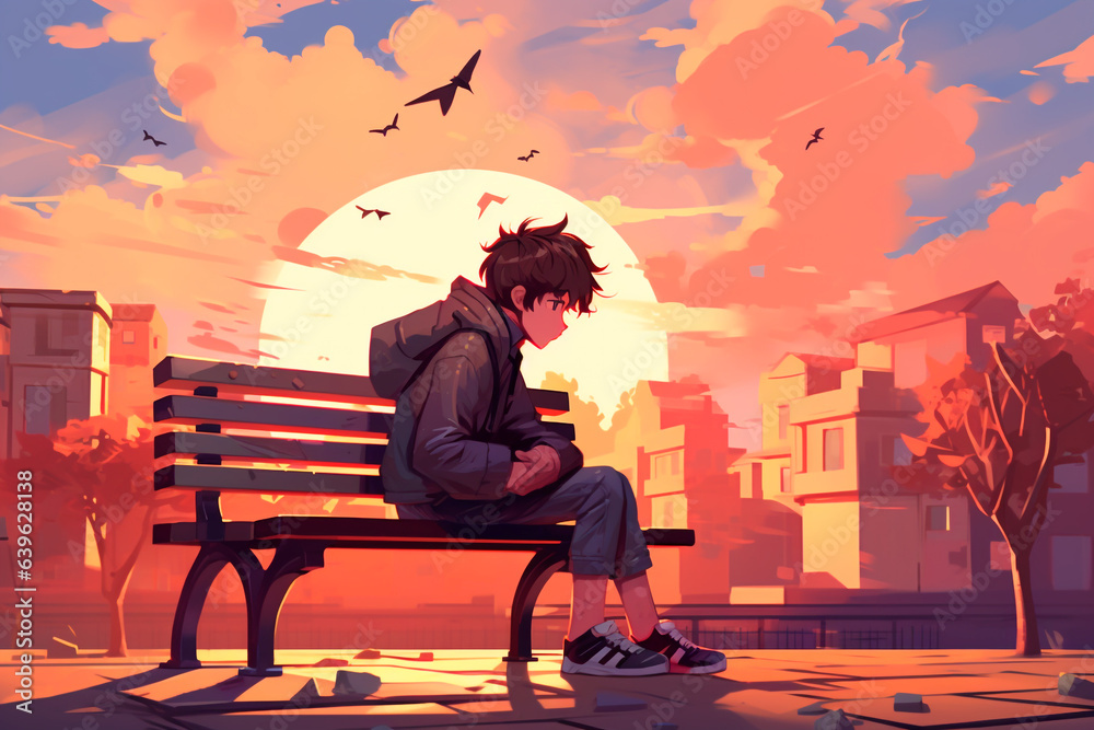 A depressed schoolboy sitting alone on a bench. Bullying victim. Stress and mental problem in childhood. - obrazy, fototapety, plakaty 