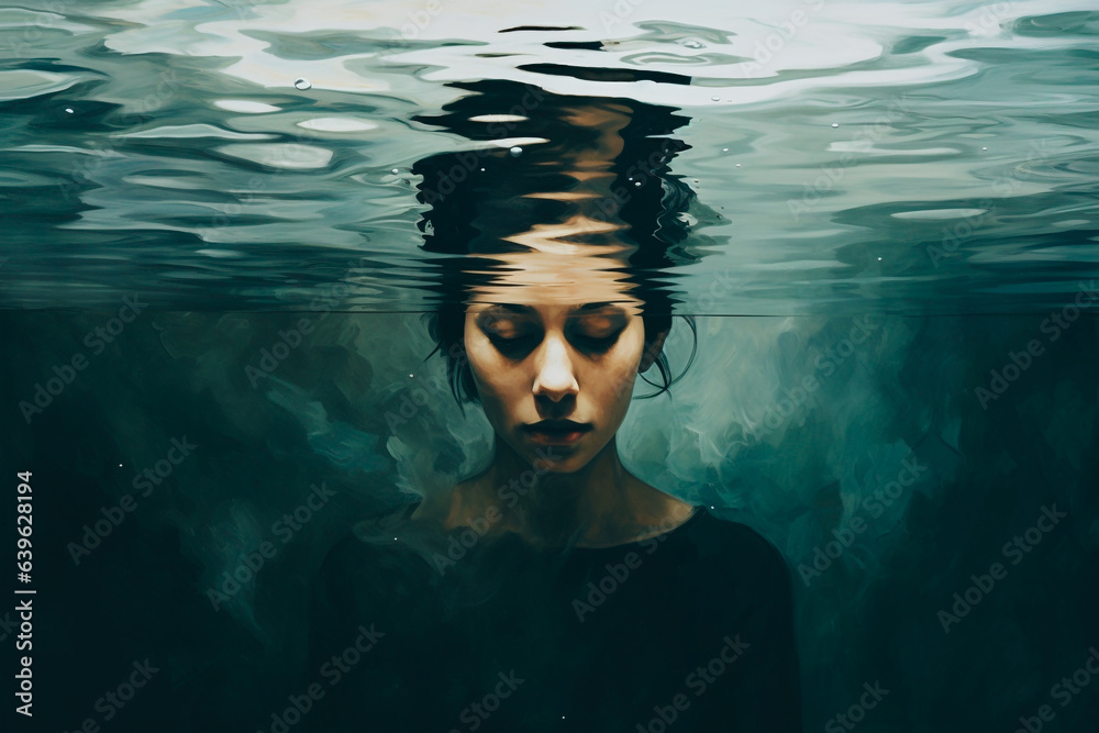 Calm woman thinking underwater. Abstract representation of internal struggles. Mental health concept - obrazy, fototapety, plakaty 