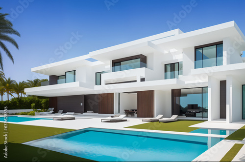 A mordern laxurious house with swimming pool in the morning © Pixels Views