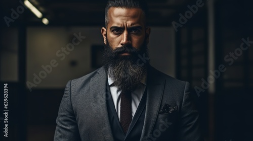  Strikingly Attractive Young Man with Dark, Well-Groomed Beard in a Three-Piece Suit and Moody Expression