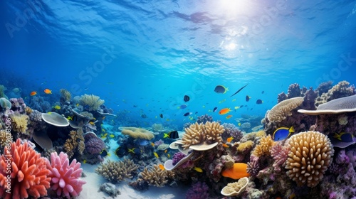Submerged coral reef scene super wide standard foundation within the profound blue sea with colorful angle and marine life