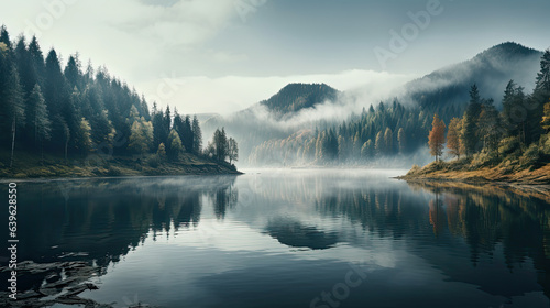 Generative AI  foggy calm lake surrounded by a pine forest  trees around the reservoir  northern nature  fog over the river  majestic nature  peaceful landscape  harmonious landscape