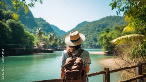 Traveling lady with rucksack and straw cap looking at tropical waterway at sunny day © Roma