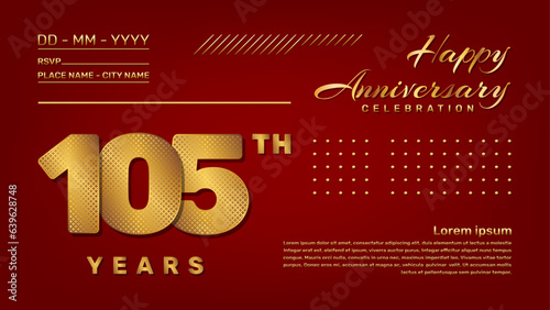 Vector template with golden pattern number style isolated on red background, modern and luxury template design for 105th anniversary celebration event