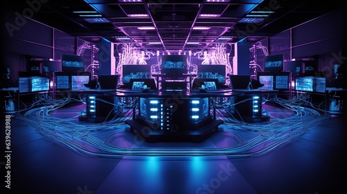 Futuristic Computer Room Illuminated by Artificial Purple-Blue Light with Cables Scattered