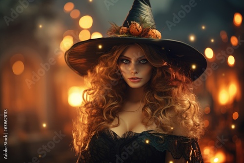 beautiful brown-haired woman witch in a hat