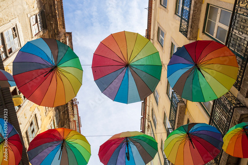 Colorful umbrellas in the city of Lisbon, Portugal