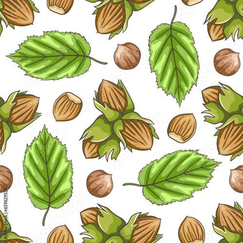 Hand drawn seamless pattern with hazelnuts.