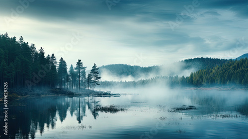 Generative AI  foggy calm lake surrounded by a pine forest  trees around the reservoir  northern nature  fog over the river  majestic nature  peaceful landscape  harmonious landscape
