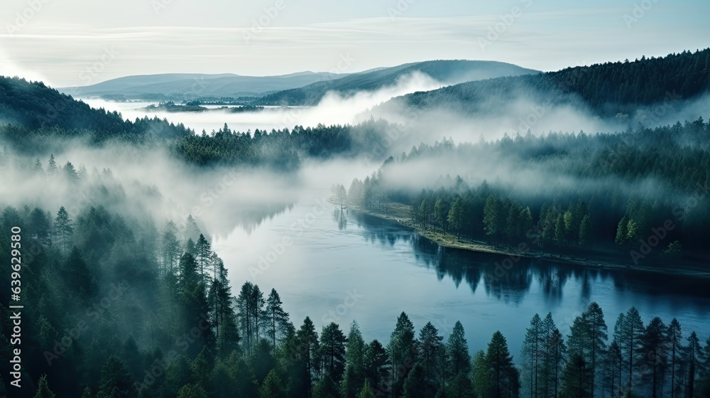 Fototapeta premium Generative AI, foggy calm lake surrounded by a pine forest, trees around the reservoir, northern nature, fog over the river, majestic nature, peaceful landscape, harmonious landscape
