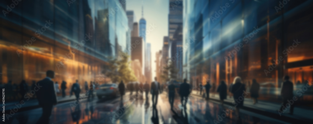 Blurred business people on the background of city streets and skyscrapers, generative ai