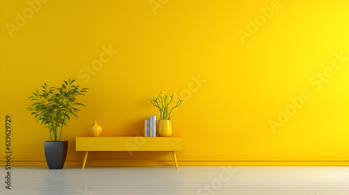 Luxury Yellow Room Interior: Modern Living Space with Wooden Floor and Vibrant Yellow Background
