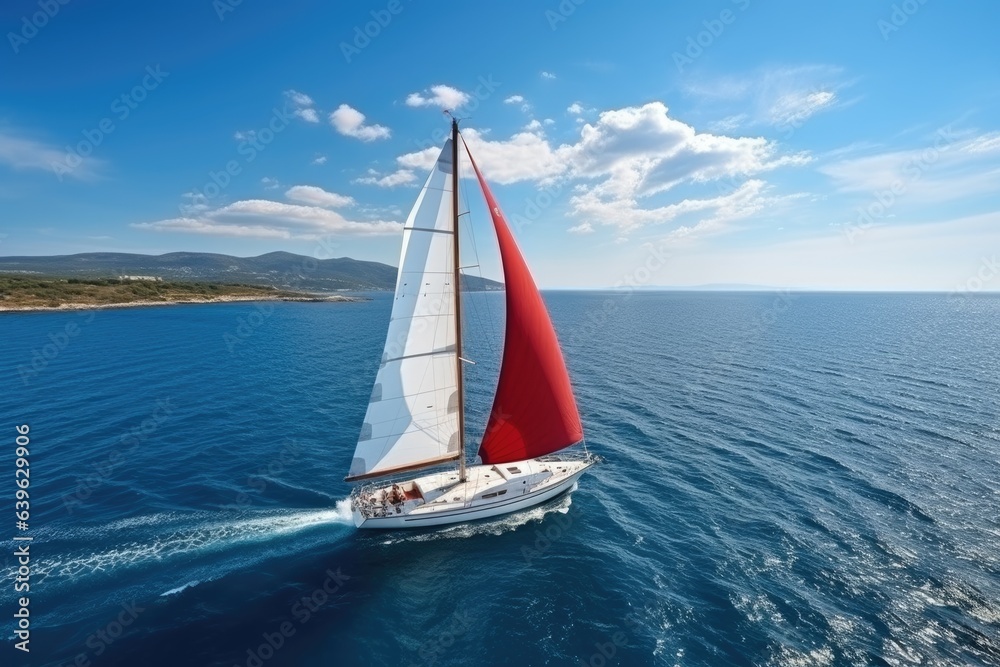 Obraz premium aerial view of beautiful yacht in blue sea, AI Generated