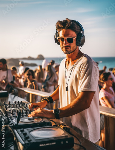 Handsome dj DJ mixing tracks on a booth in a beach club near the sea in Mykonos island. An amazing atmosphere with a lof of people dancing to electronic music under the sun