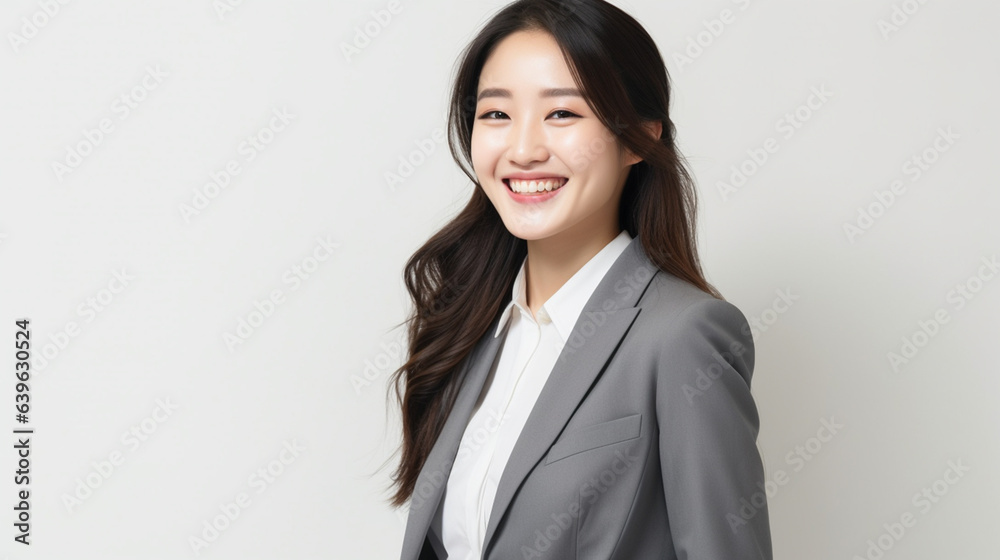 グレーのスーツ姿で笑うロングヘアの日本人女性のポートレート グレーのスーツ姿で笑うロングヘアの日本人女性のポートレート