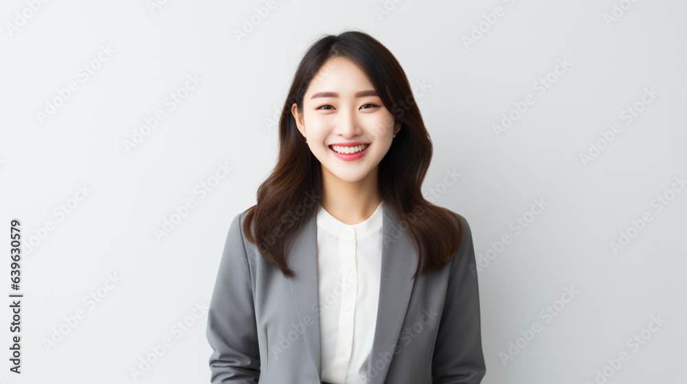 グレーのスーツ姿で笑うロングヘアの日本人女性のポートレート グレーのスーツ姿で笑うロングヘアの日本人女性のポートレート
