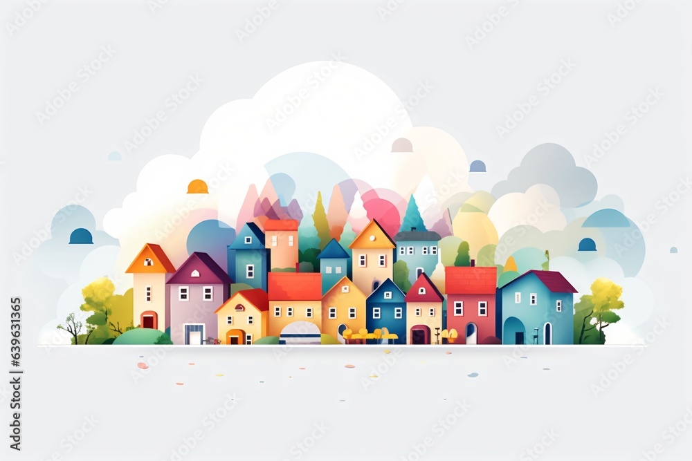 Graphic illustration of a colorful city or village
