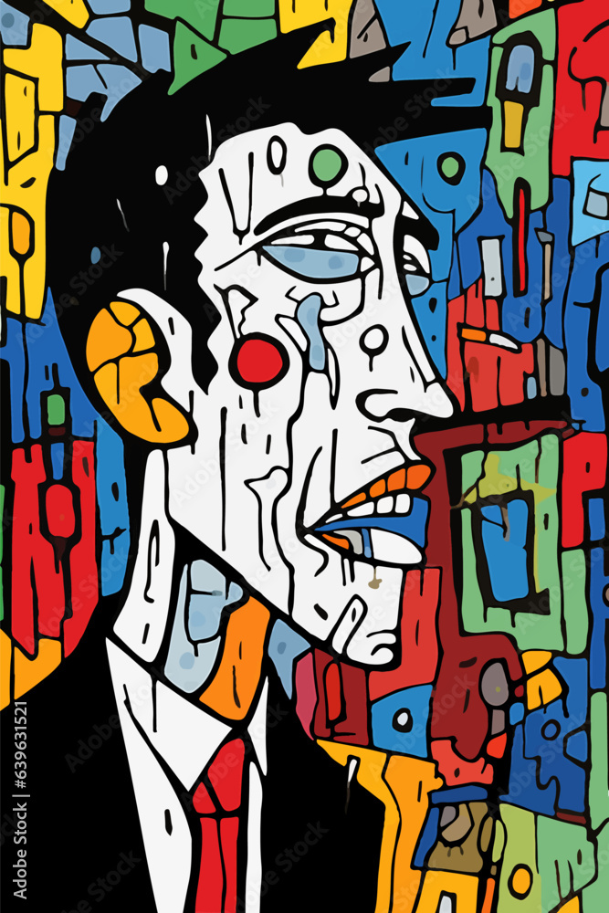 Obraz premium Colorful painting of a horrified Caucasian man on a city street. Artistic portrait of a guy in pain crying. Mental health issues concept