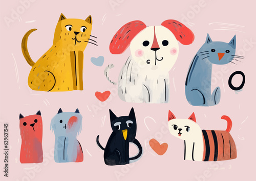 Many different funny cats and one dog in a childrens gouache drawing. Group of cute pets in a simple painting made by a child