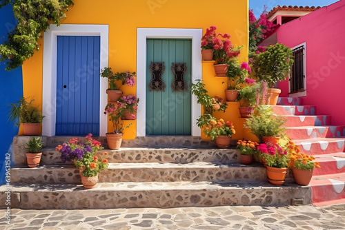 Colorful house with door window and stairs