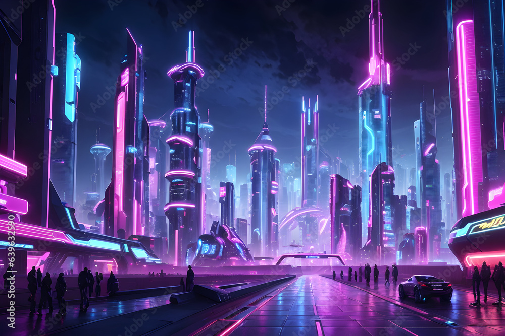 A futuristic, neon-lit cityscape celebrating the start of the New Year 2024. Generative AI