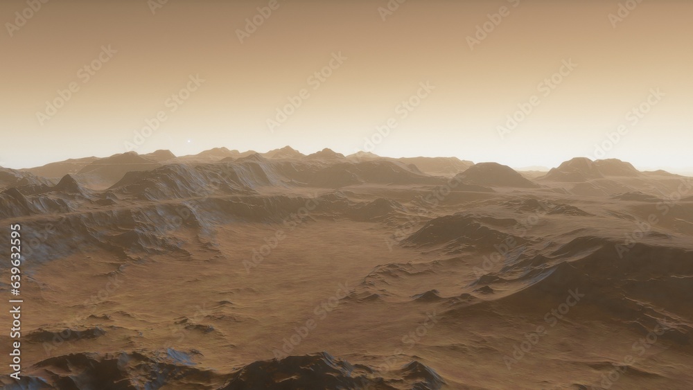 Mars like red planet, with arid landscape, rocky hills and mountains, for space exploration and science fiction backgrounds.
Mars like red planet, with arid landscape, rocky hills and mountains, for space exploration and science fiction backgrounds.
