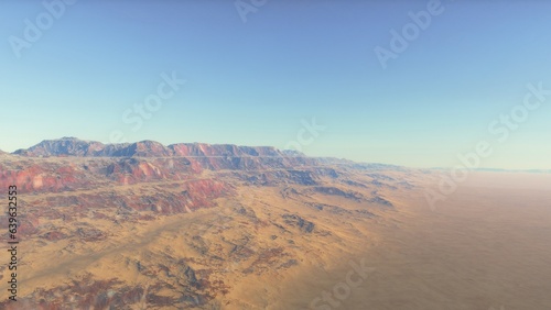 Mars like red planet  with arid landscape  rocky hills and mountains  for space exploration and science fiction backgrounds. 