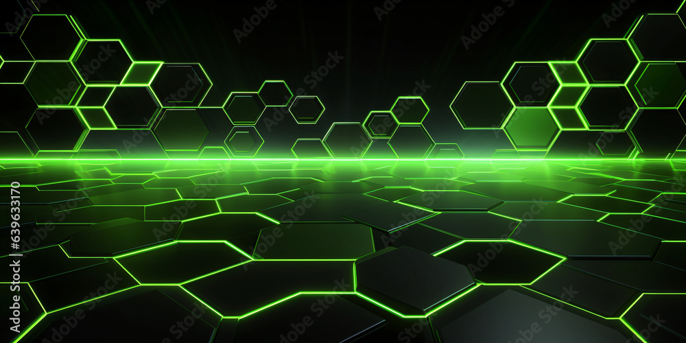 abstract technology background with green hexagons and dark background ...