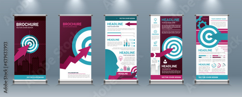 Business roll up. Growth arrow to target. Standee banners set. Flyer for exhibition. Abstract stand with headline and goals. Project information presentation. Vector design template