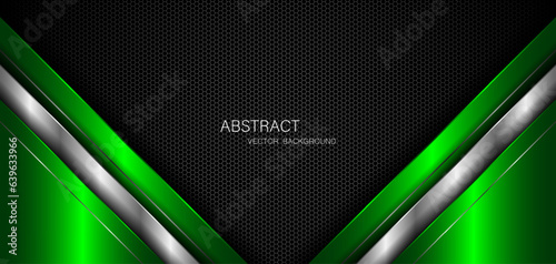 Abstract green and silver polygons on dark steel mesh background. with free space for design. modern technology innovation concept background	