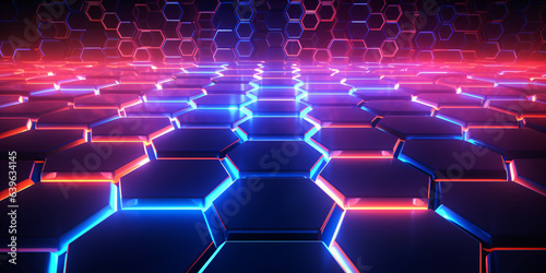 Abstract technology background with neon hexagons.