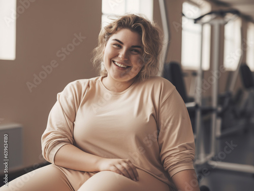 Smiling plus size young woman working out in gym.
