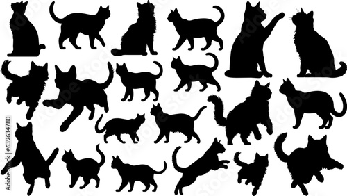 Black cats silhouettes set for halloween and other. Cat shapes isolated on white background. Stock vector.