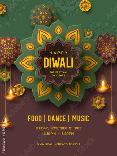 Diwali festival flyer or poster with paper cut style of Indian Rangoli and hanging diya - oil lamp. Green and brown colors. Vector illustration.