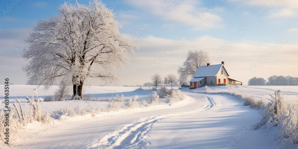 A country road winding through a winter wonderland, fresh snow on the fields, farmhouse in the distance
