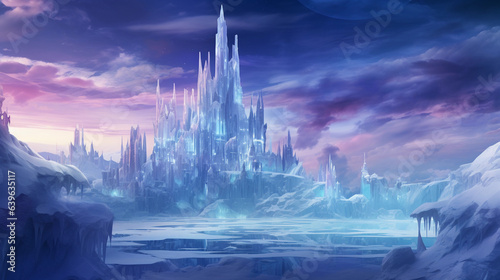 ice castle standing tall in a winter wonderland, crystal - like structures, shimmering under northern lights, vibrant palette of blues, greens and purples