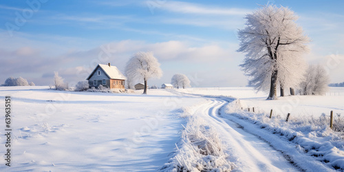 A country road winding through a winter wonderland, fresh snow on the fields, farmhouse in the distance © Marco Attano