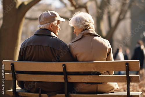 Close-up View of Elderly Couple Sitting on a Bench in the Park Looking at Each Other. Back View of Senior Couple Sitting on Park Bench in Blurred Background. Embracing Love of Mature Couple.