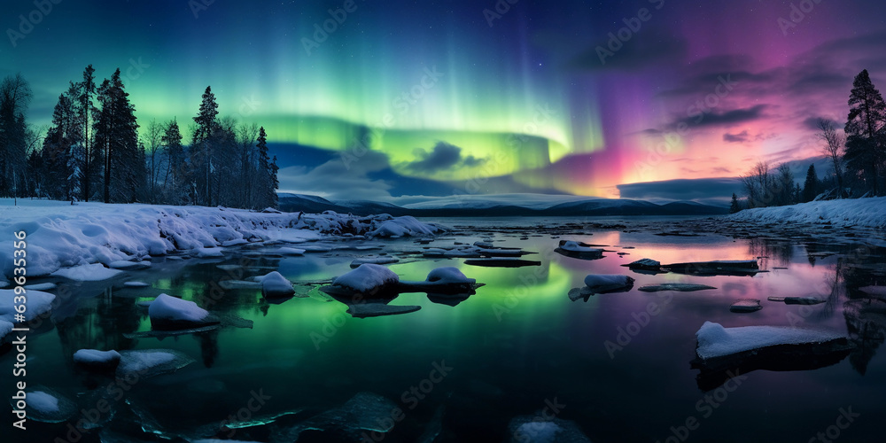 An ice - covered lake under the Northern Lights, radiant colors dancing in the clear night sky, ultra - realistic