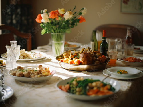 a Sunday family dinner  the table is set with wholesome food  embracing the charm of slow  meaningful conversations