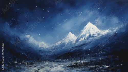 Acrylic painting, frosty mountain range, midnight blue sky scattered with twinkling stars, snow capped peaks glowing under the moonlight, expressive, texture heavy