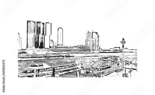 Building view with landmark of  Rotterdam is the city in the Netherlands. Hand drawn sketch illustration in vector. © dhanu3182
