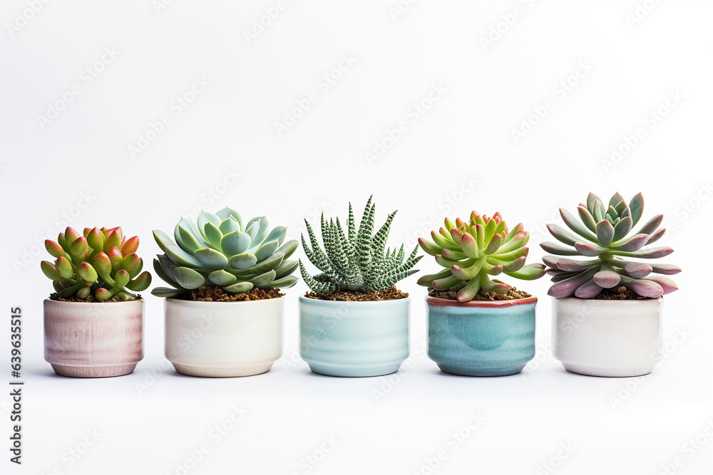 Beatiful succulent plants in pots on white background