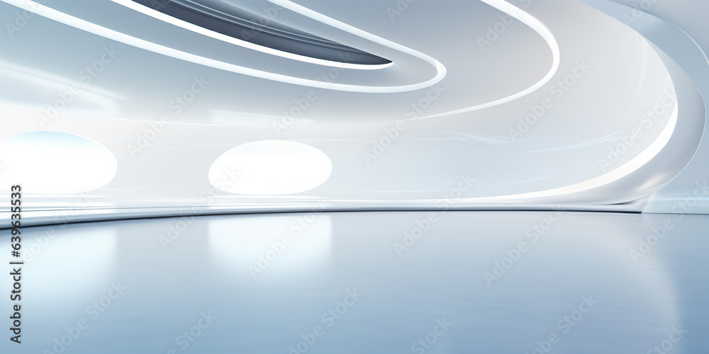 Empty space inside futuristic room, showroom, spaceship, hall or studio in perspective view. Include ceiling, hidden light, white floor. Modern background design of future, technology. - obrazy, fototapety, plakaty 