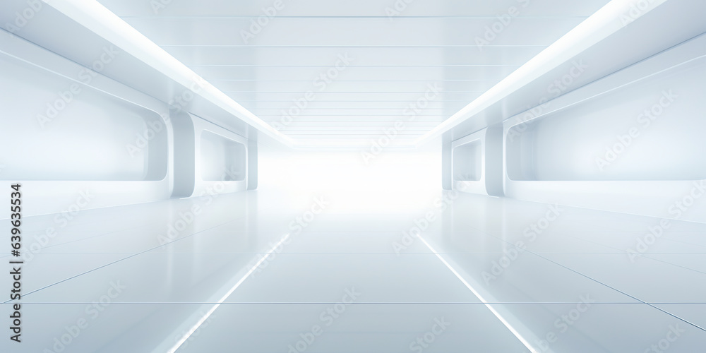 Empty space inside futuristic room, showroom, spaceship, hall or studio in perspective view. Include ceiling, hidden light, white floor. Modern background design of future, technology.