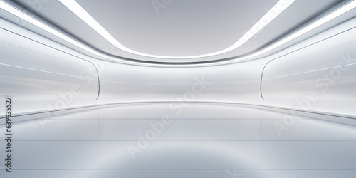 Fototapeta Naklejka Na Ścianę i Meble -  Empty space inside futuristic room, showroom, spaceship, hall or studio in perspective view. Include ceiling, hidden light, white floor. Modern background design of future, technology.