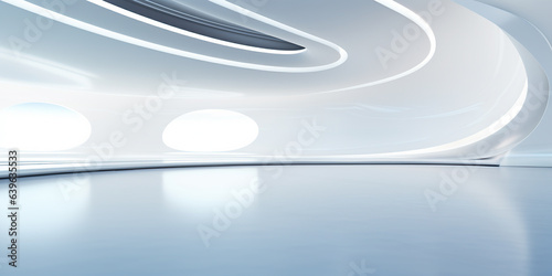 Empty space inside futuristic room, showroom, spaceship, hall or studio in perspective view. Include ceiling, hidden light, white floor. Modern background design of future, technology.