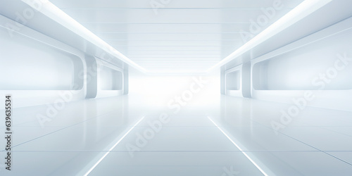 Empty space inside futuristic room  showroom  spaceship  hall or studio in perspective view. Include ceiling  hidden light  white floor. Modern background design of future  technology.